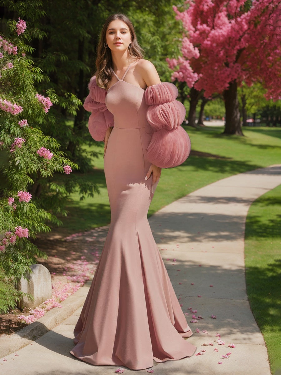 Evening Dresses with Detachable Sleeves in Trumpet/Mermaid and Halter Pleated Floor-Length Styles
