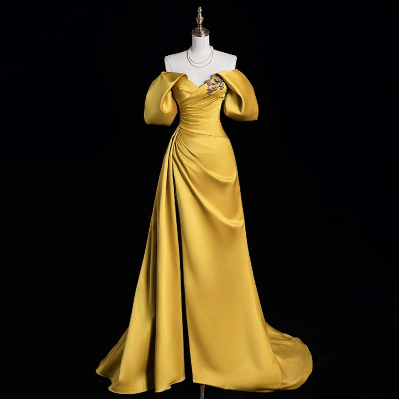 Princess A-line Off-the-shoulder Evening Gown with Ruched Asymmetrical Ruffles Lace-up Slit and Appliques-BMbridal.UK