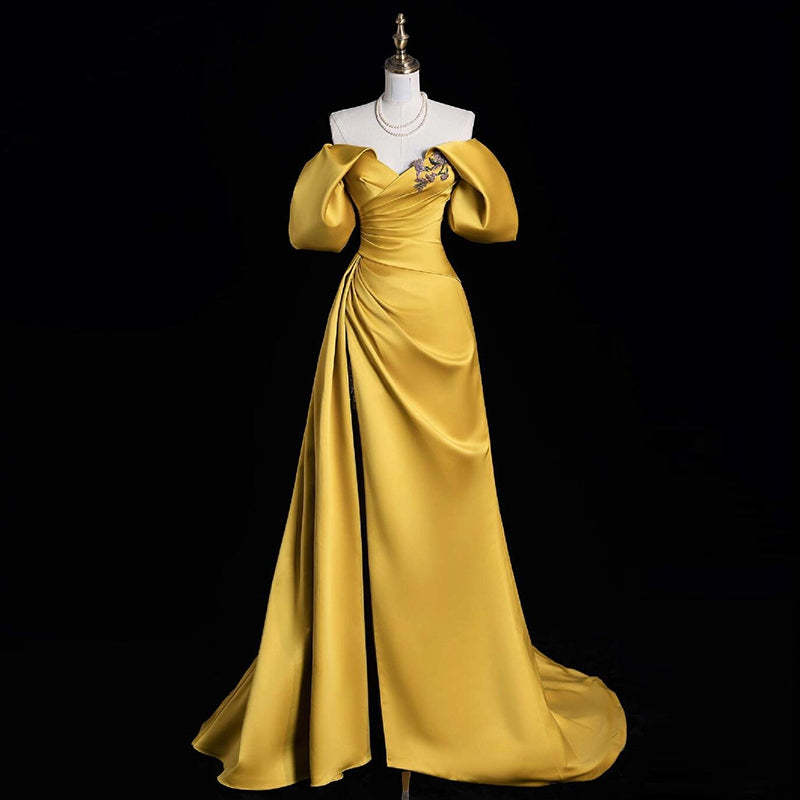 Princess A-line Off-the-shoulder Evening Gown with Ruched Asymmetrical Ruffles Lace-up Slit and Appliques-BMbridal.UK