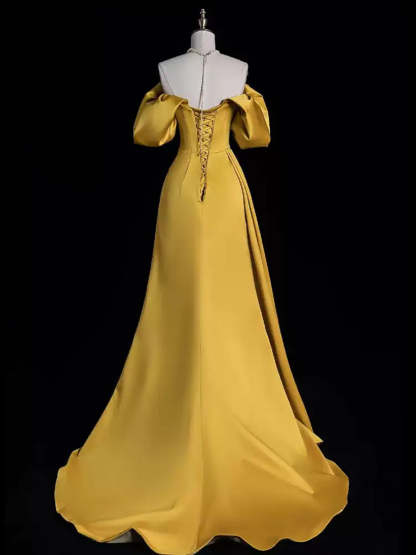 Princess A-line Off-the-shoulder Evening Gown with Ruched Asymmetrical Ruffles Lace-up Slit and Appliques-BMbridal.UK