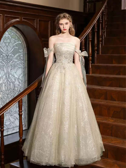 Princess A-line Off-the-shoulder Floor-Length Pleated Evening Gown with Lace-up Bows & Beads