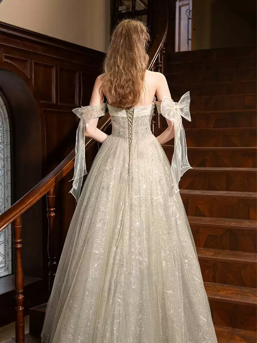 Princess A-line Off-the-shoulder Floor-Length Pleated Evening Gown with Lace-up Bows & Beads