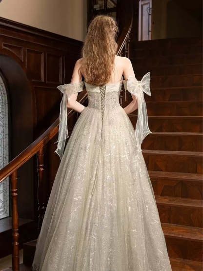 Princess A-line Off-the-shoulder Floor-Length Pleated Evening Gown with Lace-up Bows & Beads