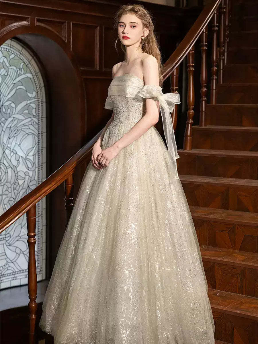 Princess A-line Off-the-shoulder Floor-Length Pleated Evening Gown with Lace-up Bows & Beads