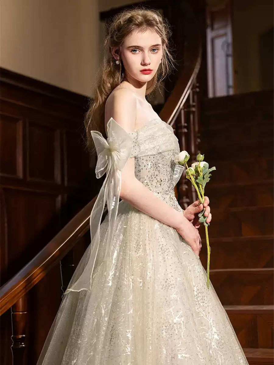 Princess A-line Off-the-shoulder Floor-Length Pleated Evening Gown with Lace-up Bows & Beads