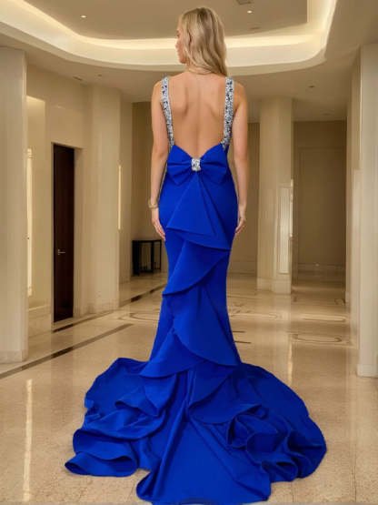 Sleeveless Backless Evening Dresses with Bows & Ruffles in Trumpet/Mermaid Jewel Neck