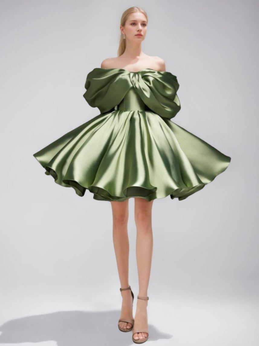 Princess A-Line Off-the-Shoulder Mini Dress with Puff Sleeves Pleats & Lace-Up