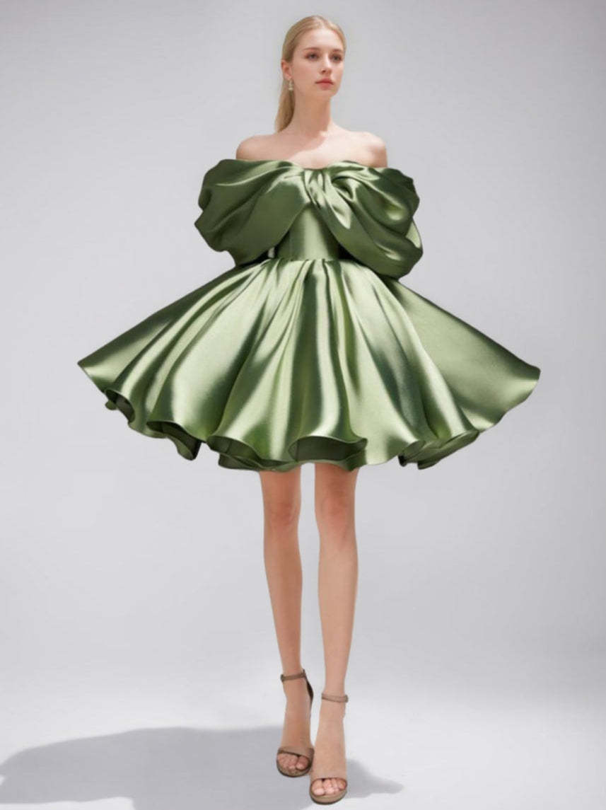 Princess A-Line Off-the-Shoulder Mini Dress with Puff Sleeves Pleats & Lace-Up