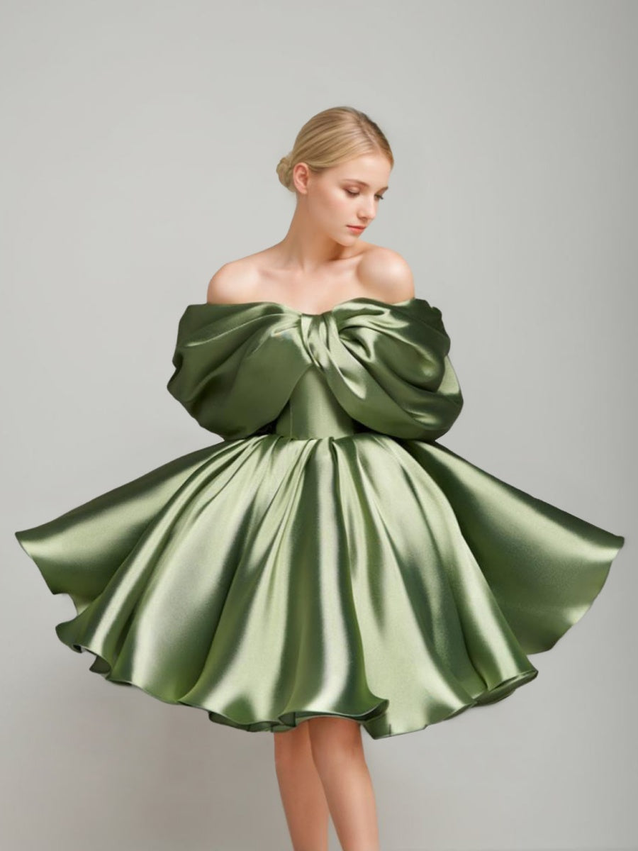 Princess A-Line Off-the-Shoulder Mini Dress with Puff Sleeves Pleats & Lace-Up