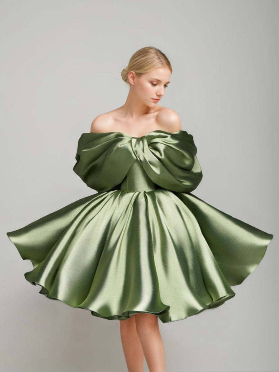 Princess A-Line Off-the-Shoulder Mini Dress with Puff Sleeves Pleats & Lace-Up