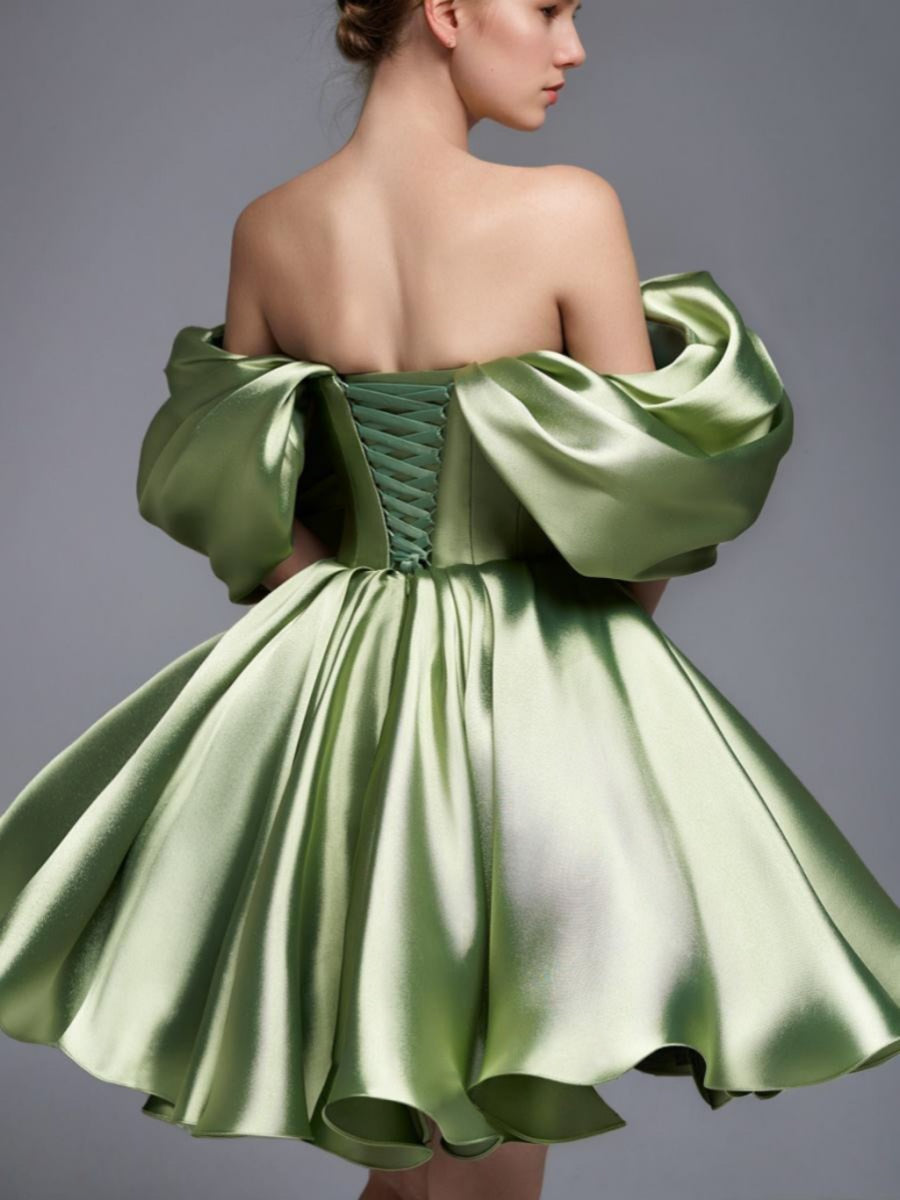 Princess A-Line Off-the-Shoulder Mini Dress with Puff Sleeves Pleats & Lace-Up