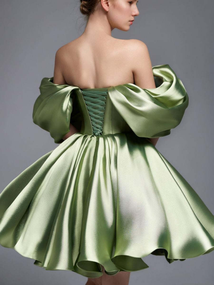 Princess A-Line Off-the-Shoulder Mini Dress with Puff Sleeves Pleats & Lace-Up