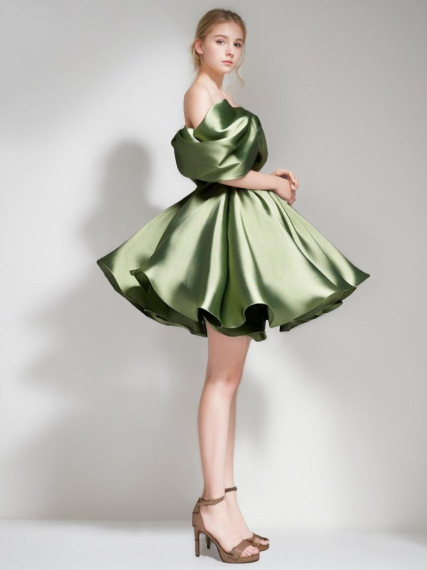 Princess A-Line Off-the-Shoulder Mini Dress with Puff Sleeves Pleats & Lace-Up
