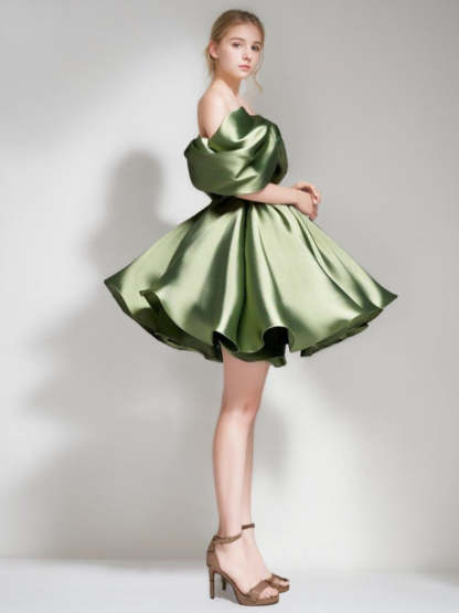 Princess A-Line Off-the-Shoulder Mini Dress with Puff Sleeves Pleats & Lace-Up