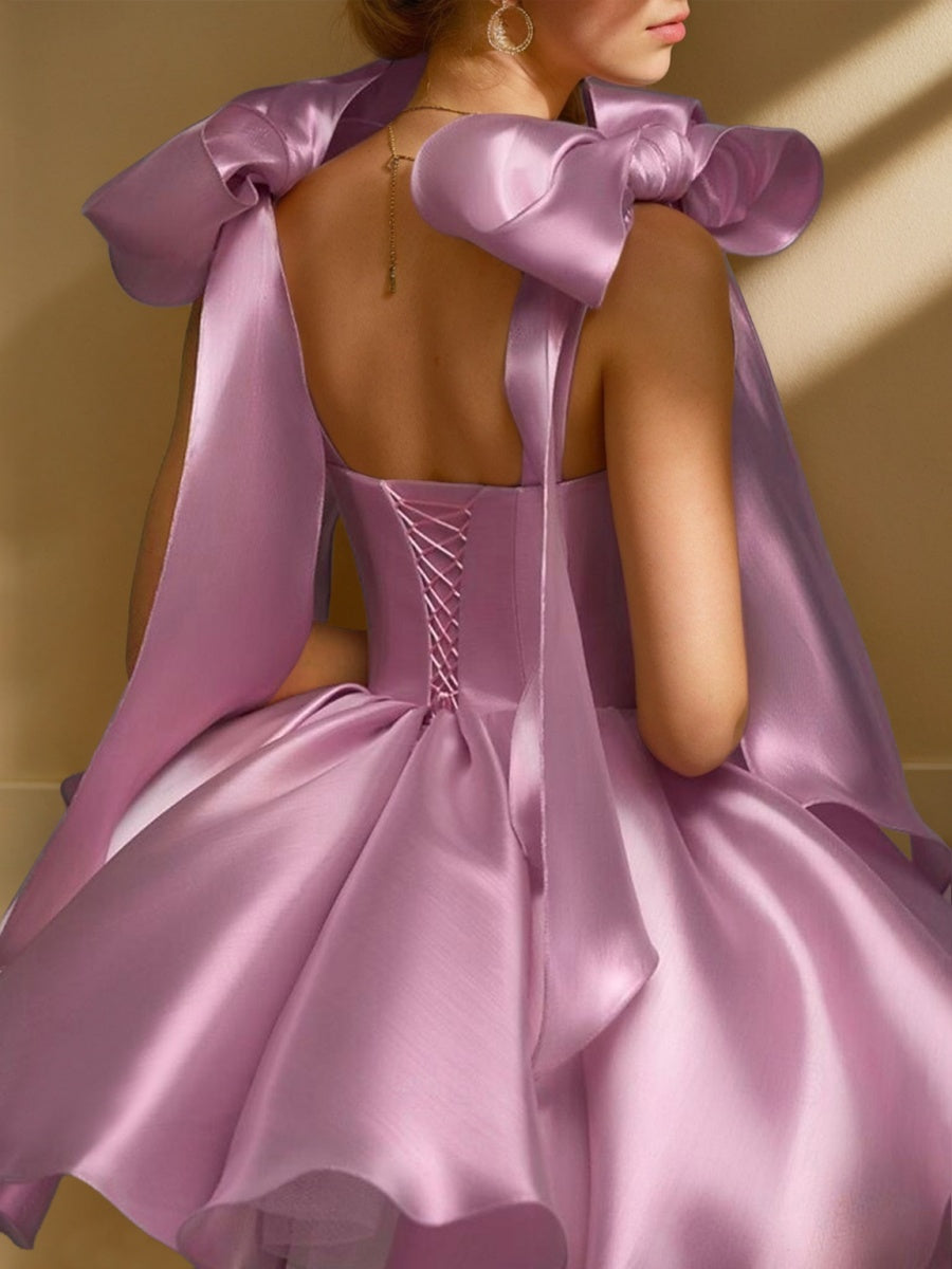 Sweetheart Sleeveless A-Line/Princess Mini/Short Evening Dresses Featuring Bows Pleats & Lace-Up