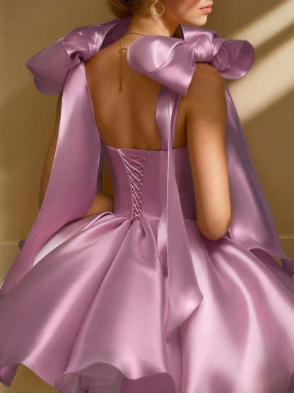 Sweetheart Sleeveless A-Line/Princess Mini/Short Evening Dresses Featuring Bows Pleats & Lace-Up