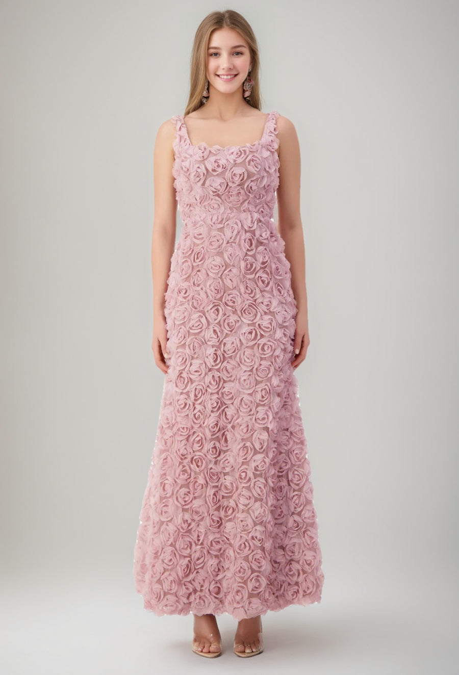 Sleeveless Ankle-Length Evening Dresses with 3D Flowers in Trumpet/Mermaid and Square Neckline