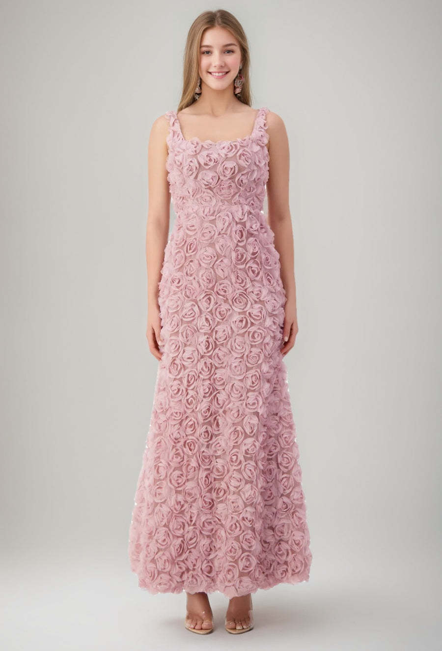 Sleeveless Ankle-Length Evening Dresses with 3D Flowers in Trumpet/Mermaid and Square Neckline