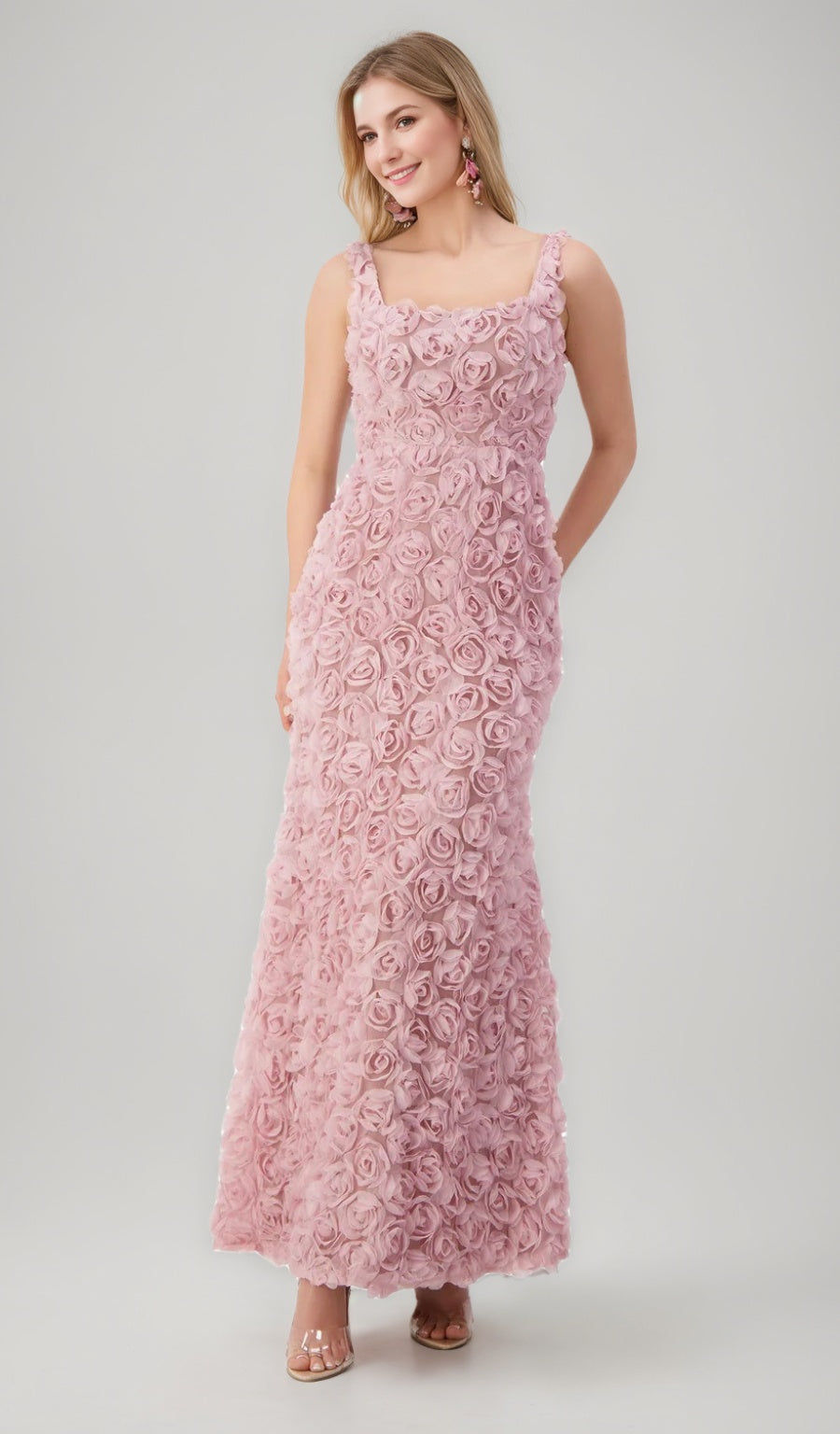 Sleeveless Ankle-Length Evening Dresses with 3D Flowers in Trumpet/Mermaid and Square Neckline