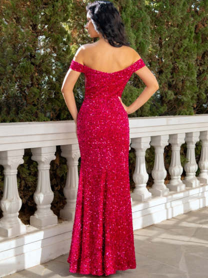 Sequined Off-the-Shoulder Mermaid Evening Dresses with Slit and Ruched Detail