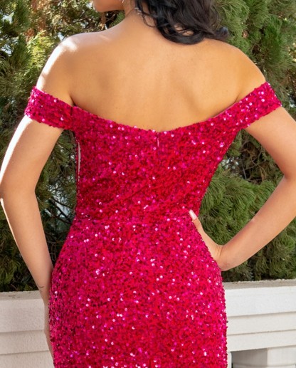 Sequined Off-the-Shoulder Mermaid Evening Dresses with Slit and Ruched Detail