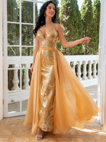 V-Neck Sleeveless Floor-Length Evening Gown with Detachable Tulle and Sequins