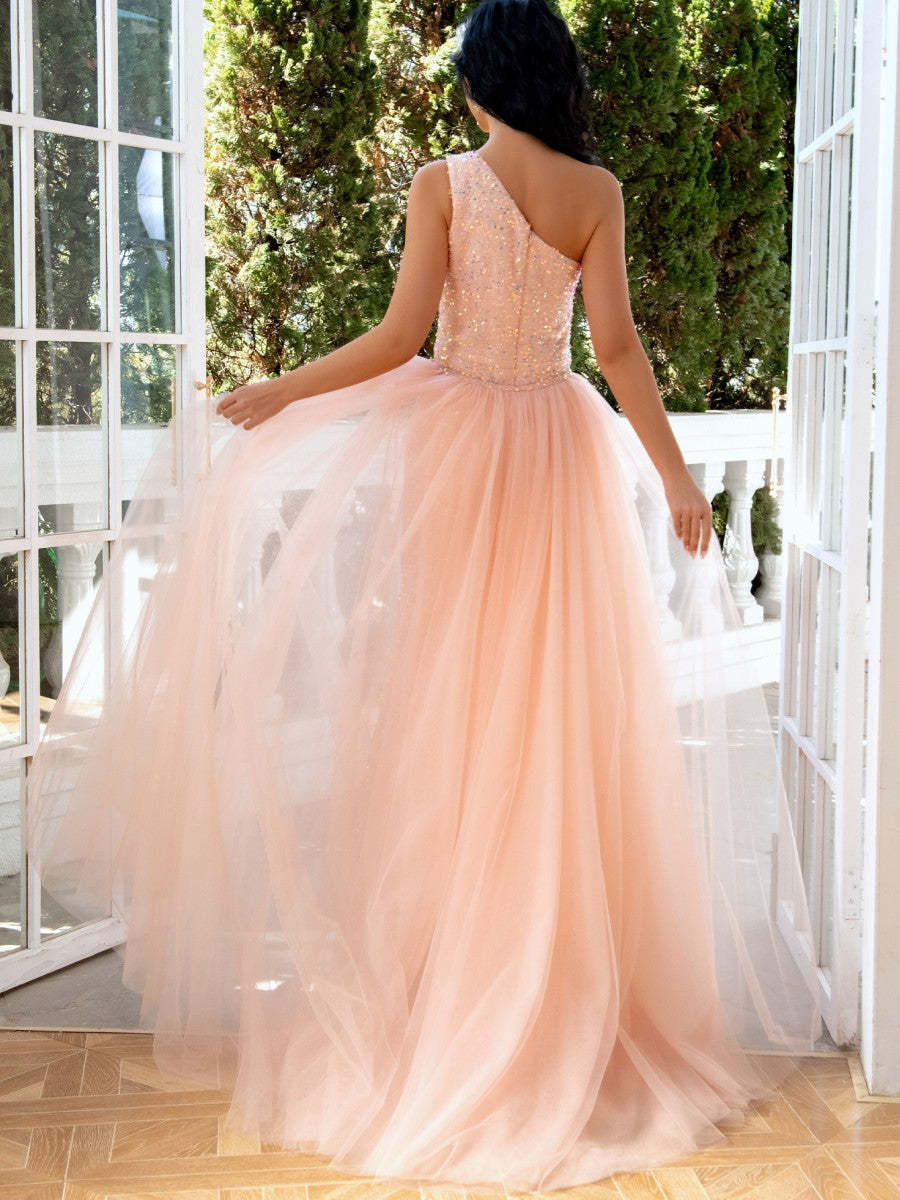 One-Shoulder Sleeveless Floor-Length Evening Gown with Detachable Tulle Slit and Sequins