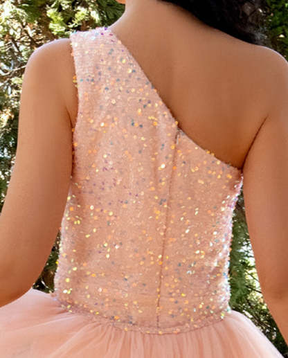 One-Shoulder Sleeveless Floor-Length Evening Gown with Detachable Tulle Slit and Sequins