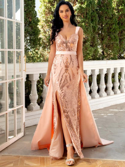 V-Neck Sleeveless Floor-Length Sheath/Column Evening Gown with Sequins Slit & Watteau Train
