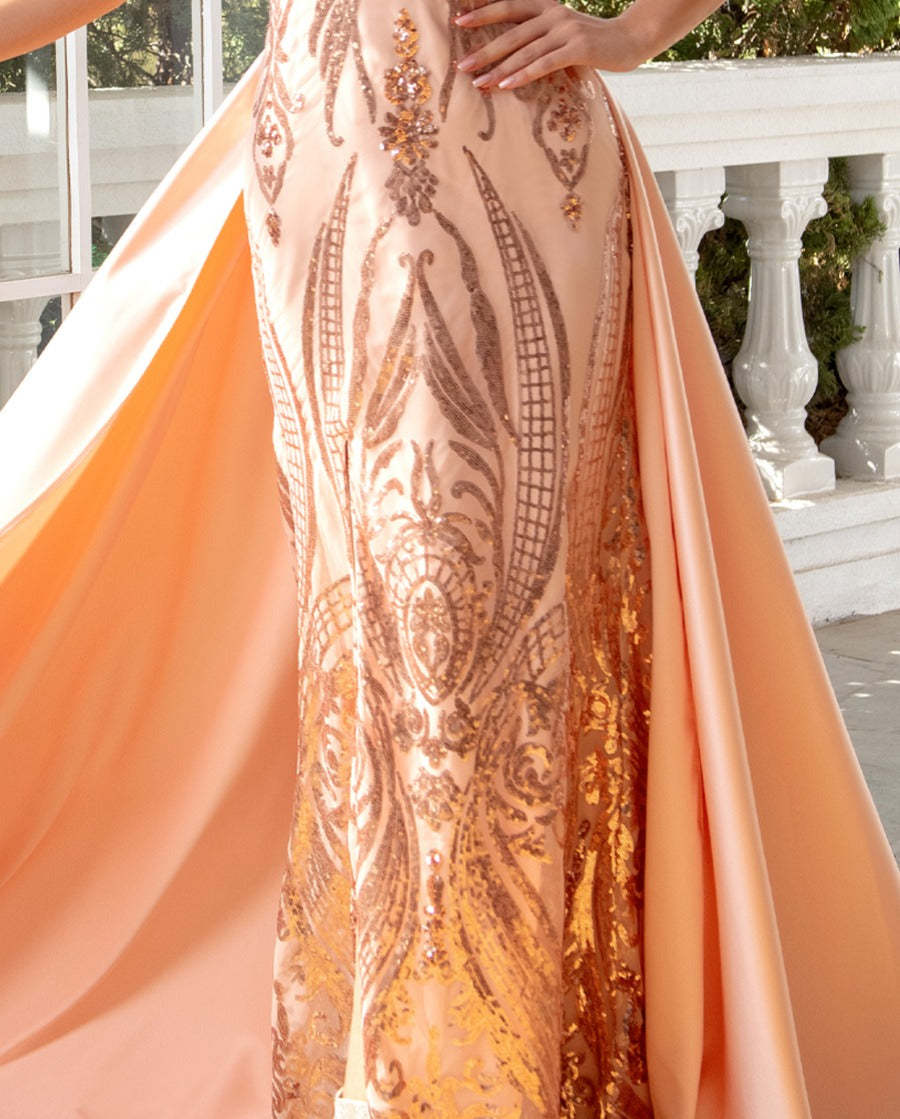 V-Neck Sleeveless Floor-Length Sheath/Column Evening Gown with Sequins Slit & Watteau Train