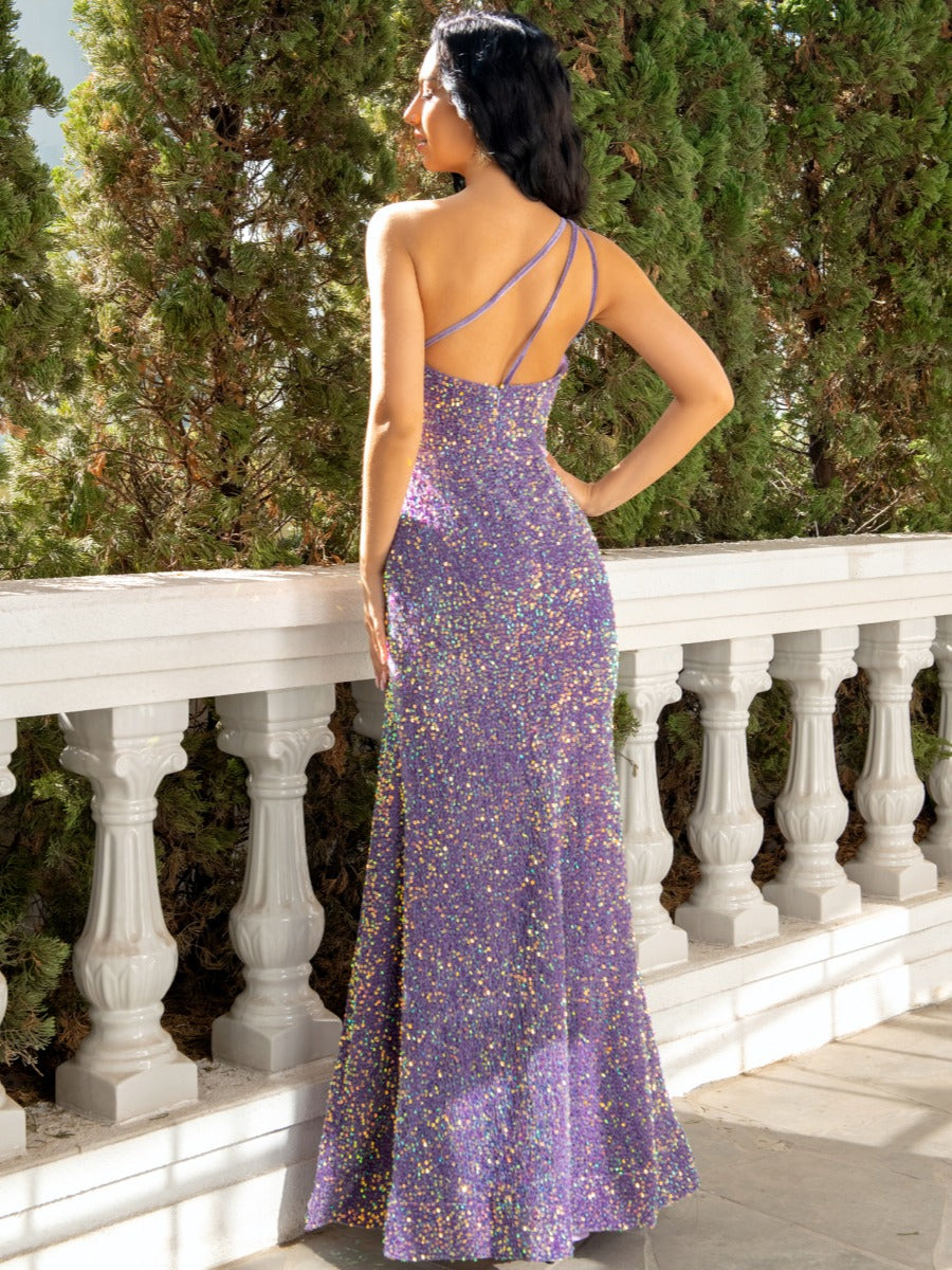 One-Shoulder Sleeveless Trumpet/Mermaid Evening Gown with Slit and Sequins