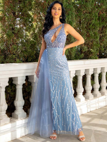 One-Shoulder A-Line Princess Evening Gown with Tulle Sequins and Cutout Detail