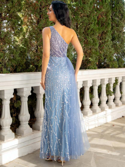 One-Shoulder A-Line Princess Evening Gown with Tulle Sequins and Cutout Detail