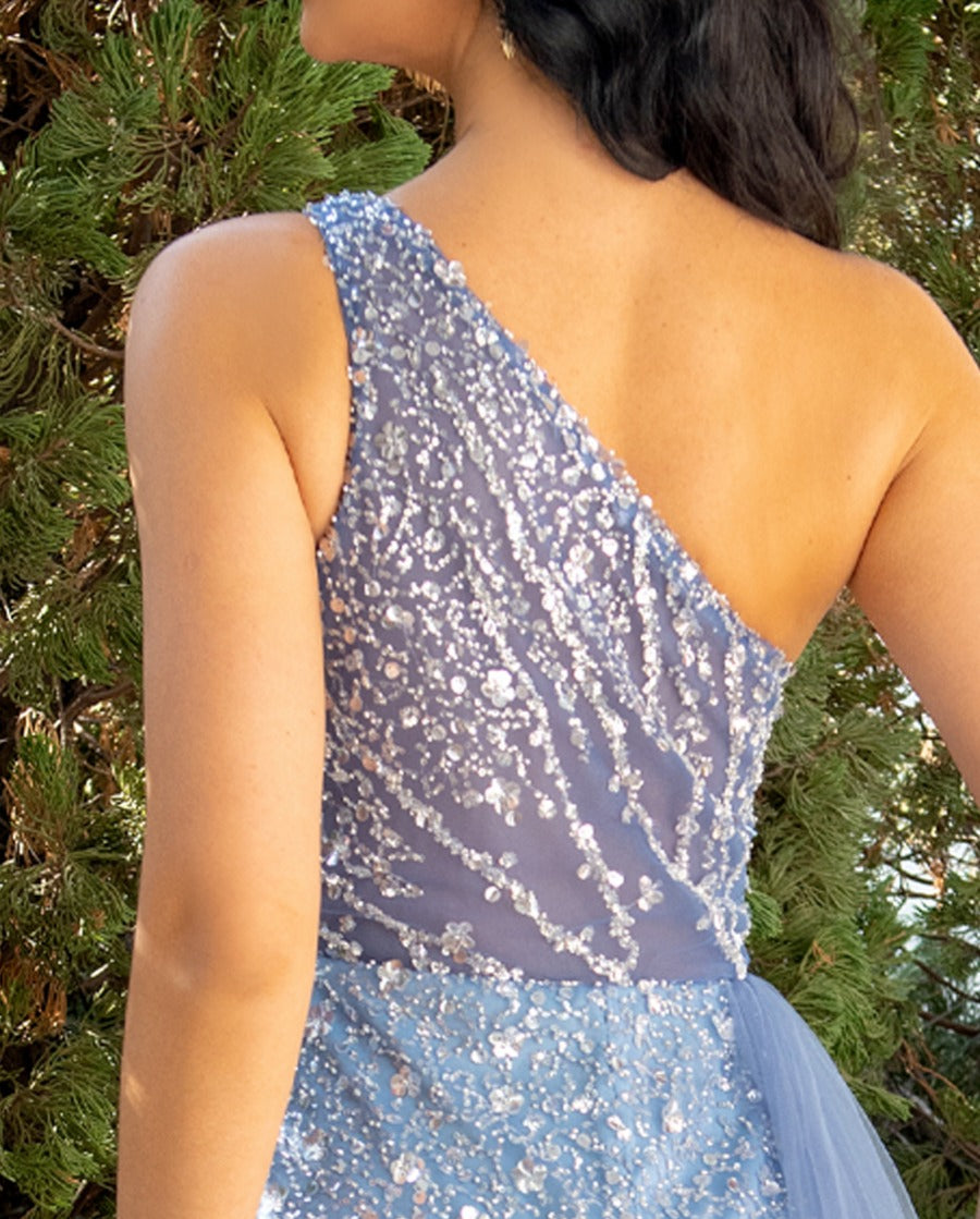 One-Shoulder A-Line Princess Evening Gown with Tulle Sequins and Cutout Detail