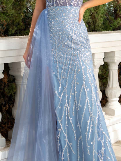 One-Shoulder A-Line Princess Evening Gown with Tulle Sequins and Cutout Detail