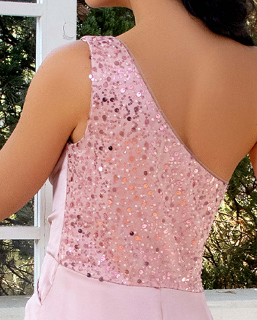 One-Shoulder Sleeveless Asymmetrical Evening Dress with Sequins Ruffles and a Sweep Train