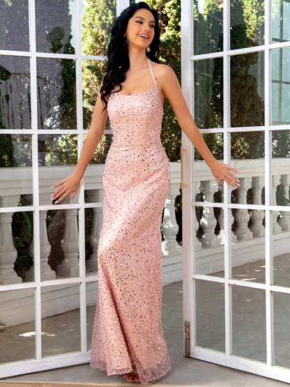 Floor-Length Halter Evening Dresses with Self-Tie and Sequins