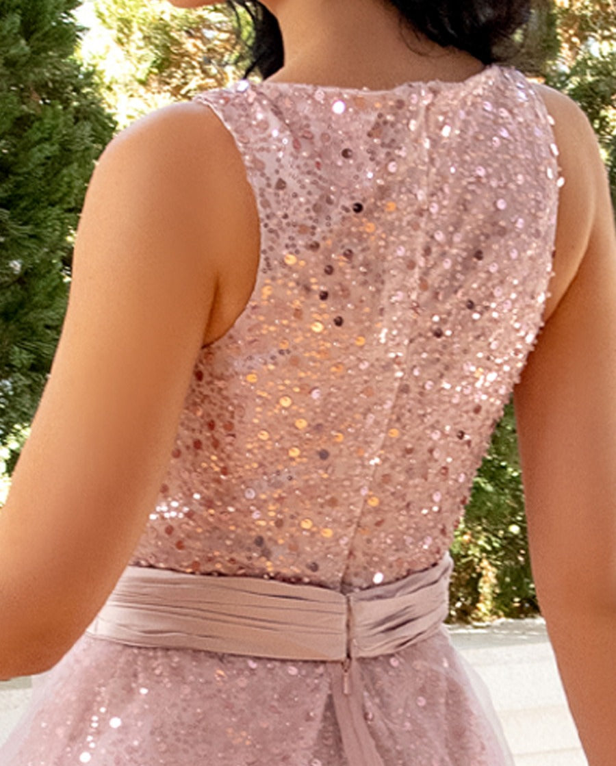 V-Neck Sleeveless Mini A-Line/Princess Evening Dresses with Sequins & Detachable Tulle
