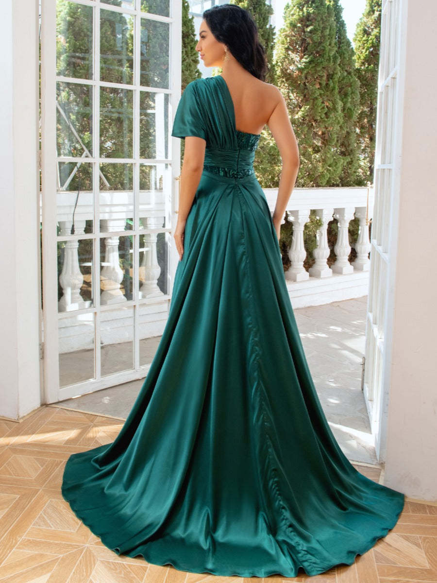 One-Shoulder Ruched Evening Gown with Sequins Tulle and Detachable Train