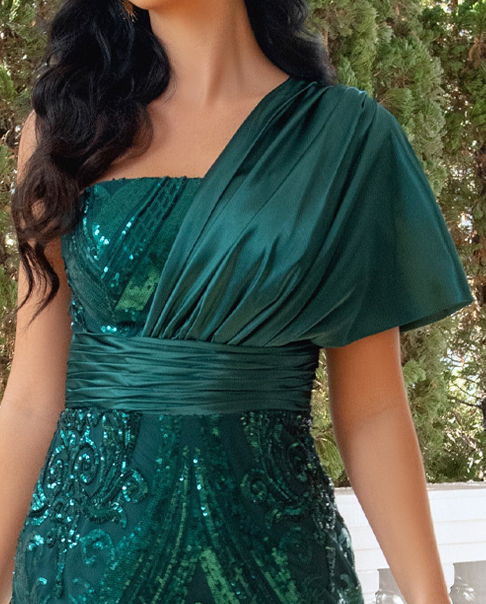 One-Shoulder Ruched Evening Gown with Sequins Tulle and Detachable Train