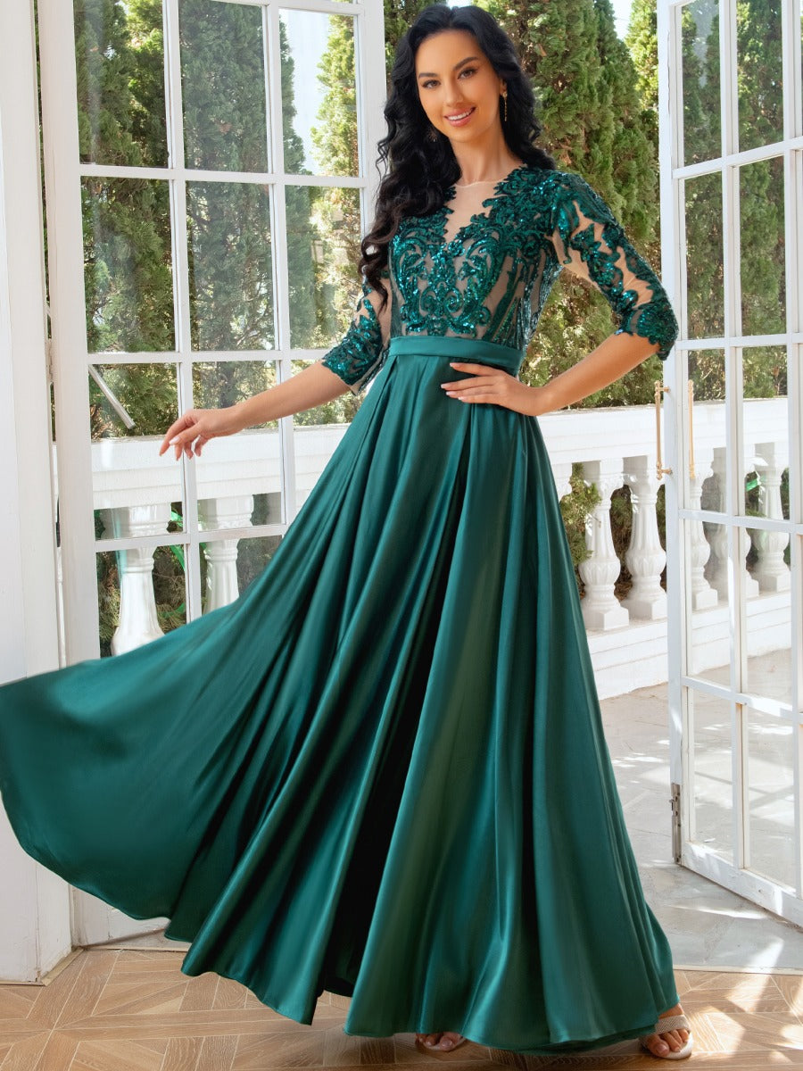 Princess A-Line Evening Dress with Jewel Neck 1/2 Sleeves Floor-Length Pleats Sequins Tulle and Slit