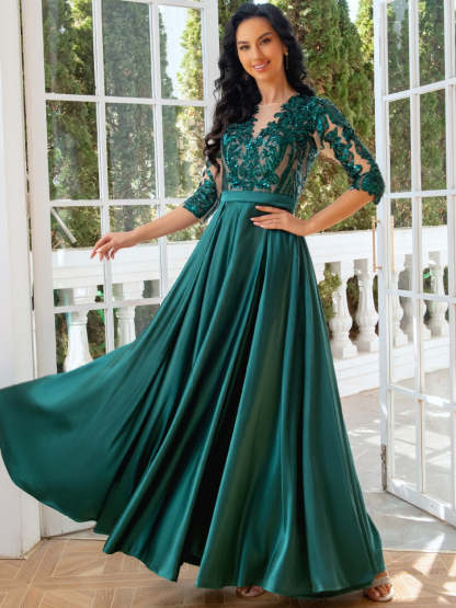 Princess A-Line Evening Dress with Jewel Neck 1/2 Sleeves Floor-Length Pleats Sequins Tulle and Slit