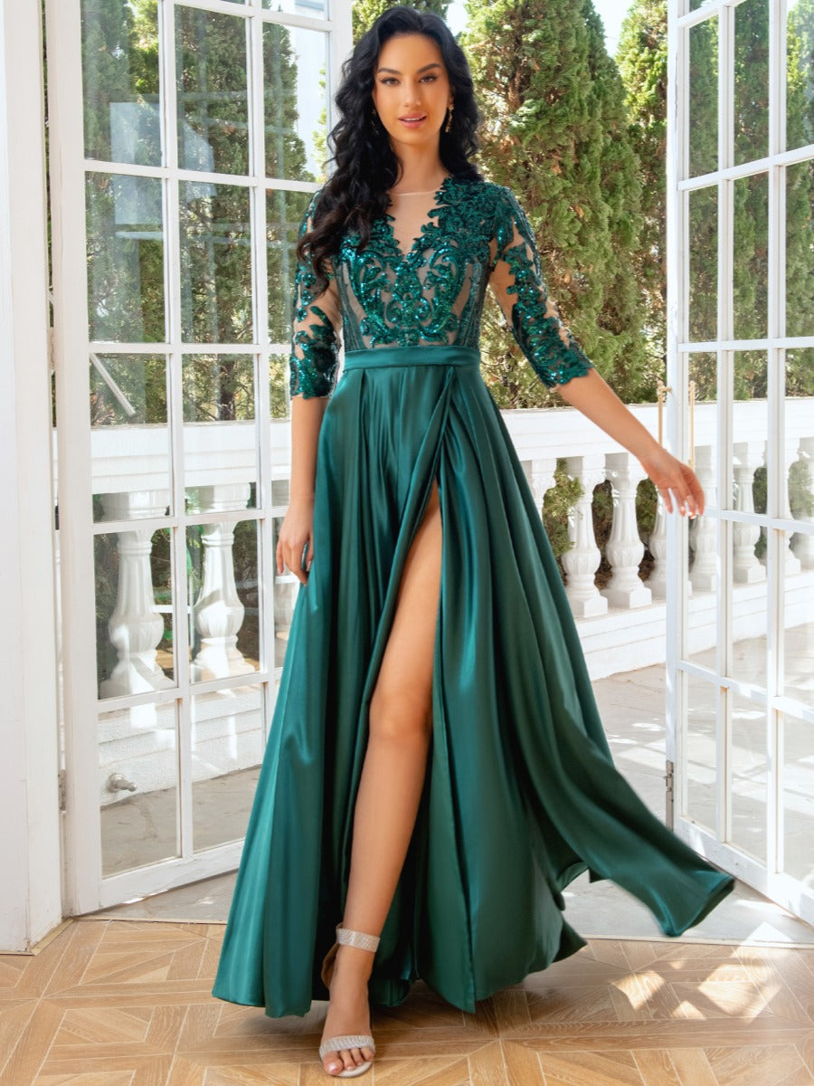 Princess A-Line Evening Dress with Jewel Neck 1/2 Sleeves Floor-Length Pleats Sequins Tulle and Slit