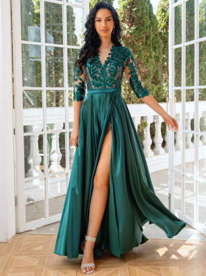 Princess A-Line Evening Dress with Jewel Neck 1/2 Sleeves Floor-Length Pleats Sequins Tulle and Slit