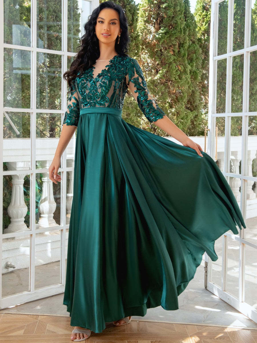 Princess A-Line Evening Dress with Jewel Neck 1/2 Sleeves Floor-Length Pleats Sequins Tulle and Slit