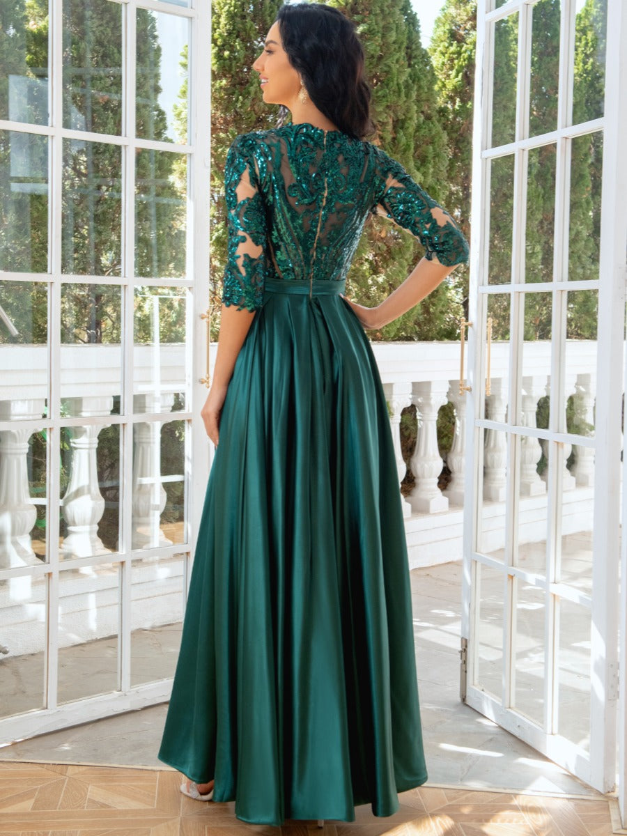 Princess A-Line Evening Dress with Jewel Neck 1/2 Sleeves Floor-Length Pleats Sequins Tulle and Slit