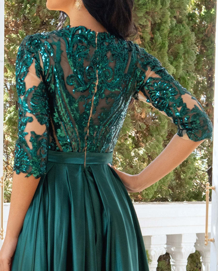 Princess A-Line Evening Dress with Jewel Neck 1/2 Sleeves Floor-Length Pleats Sequins Tulle and Slit