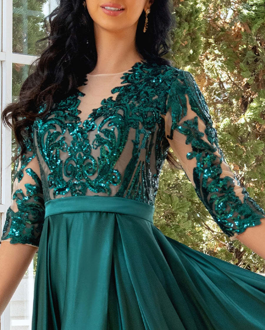 Princess A-Line Evening Dress with Jewel Neck 1/2 Sleeves Floor-Length Pleats Sequins Tulle and Slit