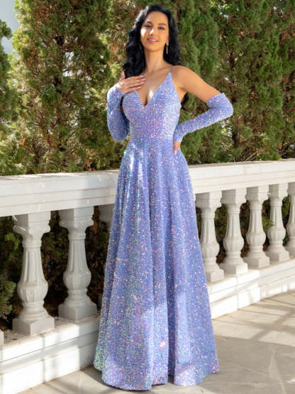 Princess A-Line Floor-Length Pleated Evening Dress with Spaghetti Straps Plunge V-Neck & Detachable Sleeves-BMbridal.UK