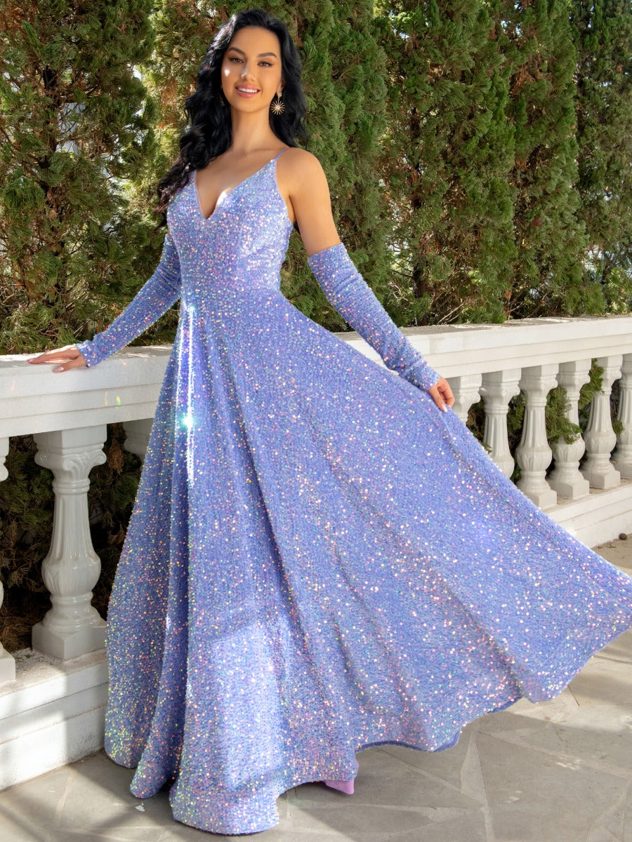 Princess A-Line Floor-Length Pleated Evening Dress with Spaghetti Straps Plunge V-Neck & Detachable Sleeves-BMbridal.UK